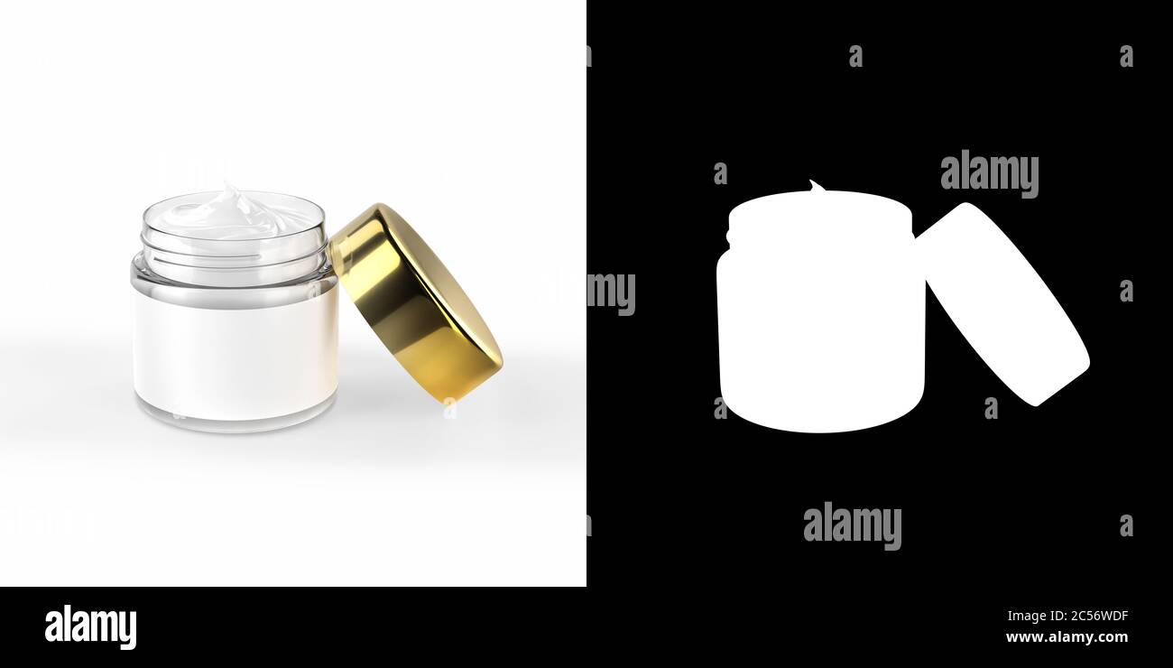 Pot à cosmétiques contenant en verre avec corps, crème pour le visage. Modèle de maquette d'emballage réaliste avec capuchon doré. Isolé sur blanc. Rendu 3D. Banque D'Images