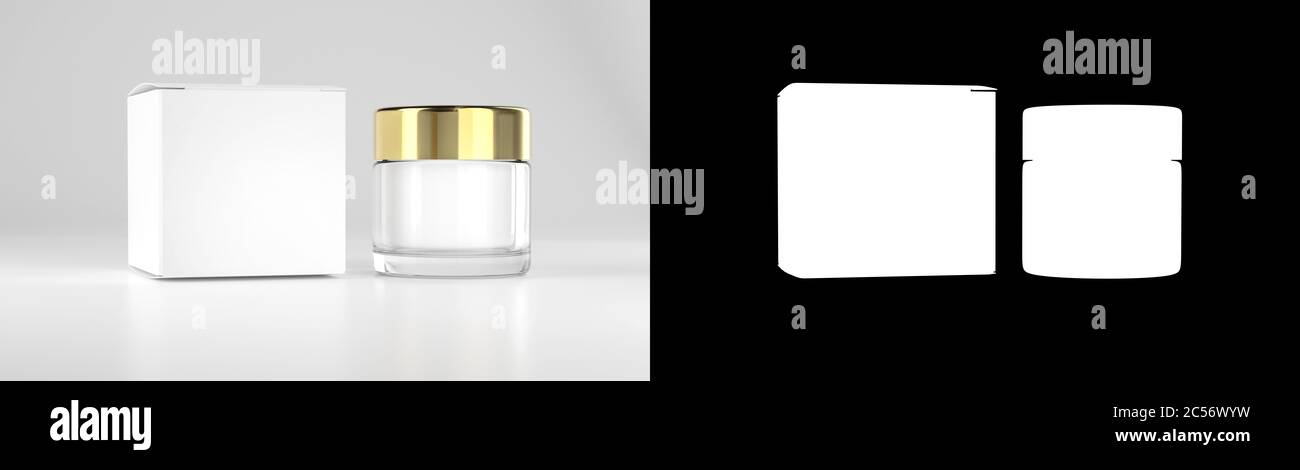 Pot à cosmétiques contenant en verre avec corps, crème pour le visage. Modèle de maquette d'emballage réaliste avec bouchon doré et boîte. Isolé sur blanc. Rendu 3D Banque D'Images