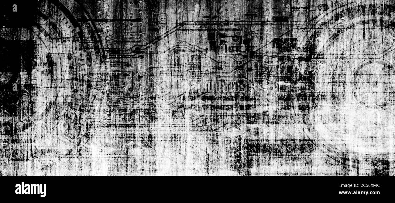 Résumé grunge futuriste cyber technologie panoramique fond. Motif signes et symboles abstraits. Dessin sur l'ancienne surface grasseuse. Mur sale Banque D'Images
