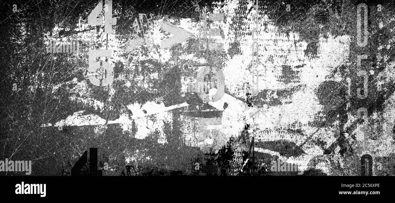 Résumé grunge futuriste cyber technologie panoramique fond. Motif signes et symboles abstraits. Dessin sur l'ancienne surface grasseuse. Mur sale Banque D'Images