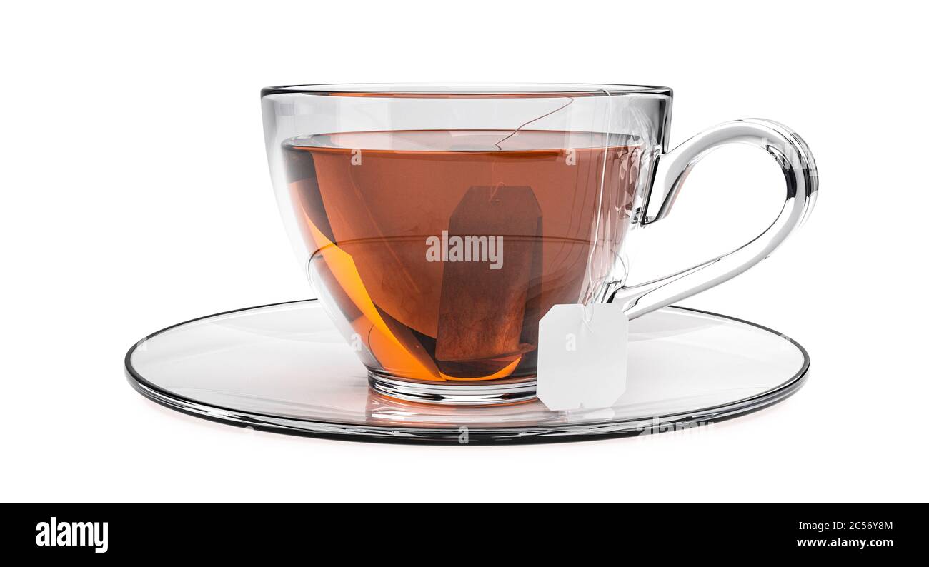 Tasse de thé noir isolée sur fond blanc. Verre avec teabag. Thé chaud noir et brun. rendu 3d. Banque D'Images