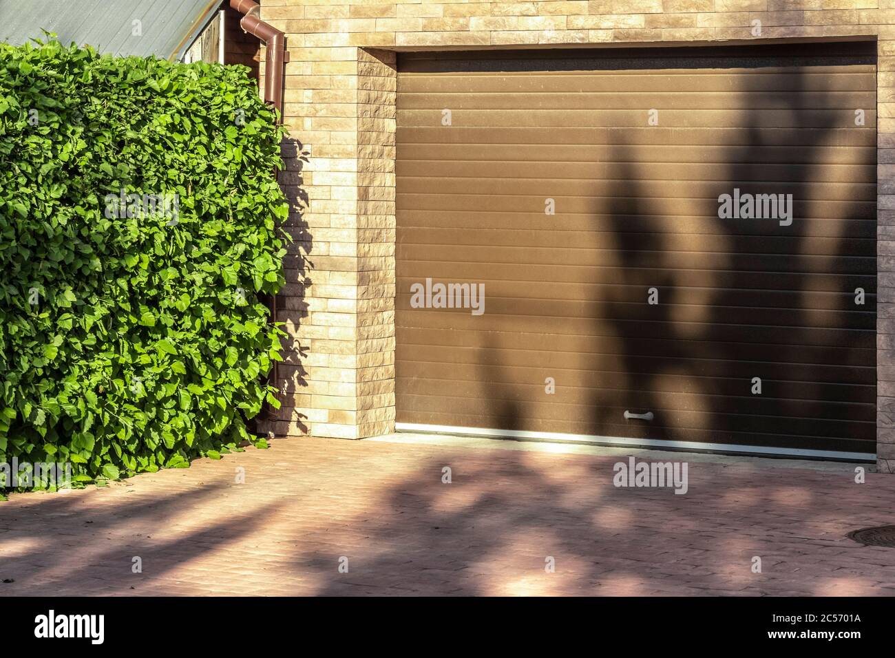 Portes de garage marron d'une maison privée et des buissons de lilas à  proximité Photo Stock - Alamy