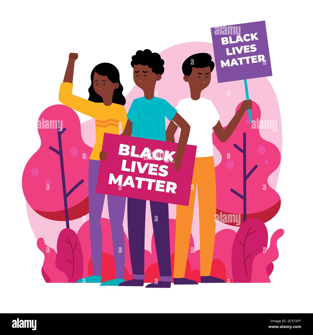 Illustrations vectorielles plates représentant des mains de personnes de différentes couleurs et de personnes de différentes races protestant ensemble contre la violence raciale Illustration de Vecteur