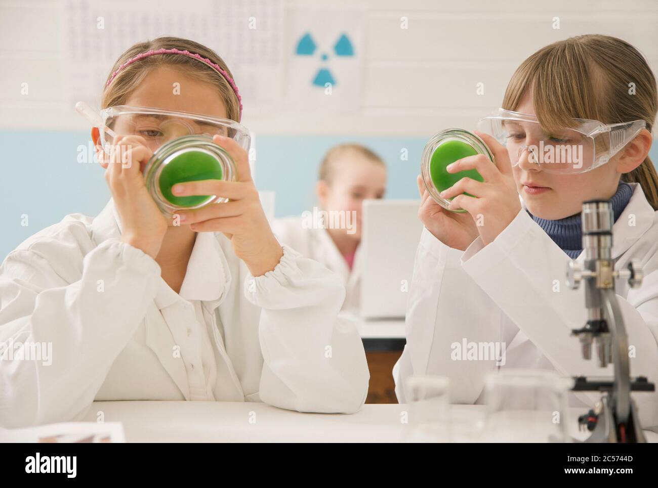 Jeunes élèves de filles du secondaire avec des plats de pétri en laboratoire scientifique Banque D'Images