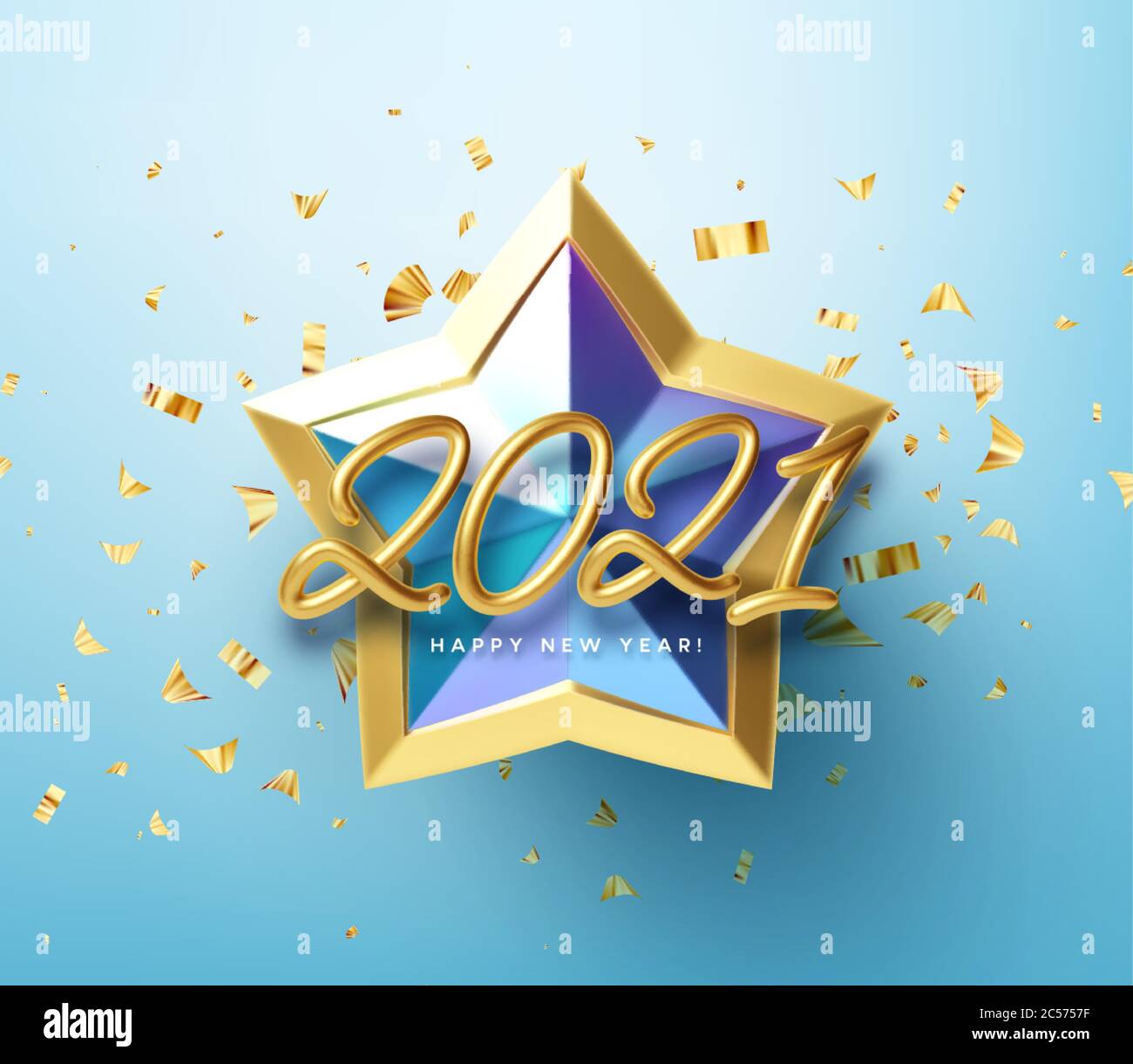 Inscription 3D dorée réaliste et brillante 2021 bonne année sur fond bleu étoile d'or. Illustration vectorielle Illustration de Vecteur
