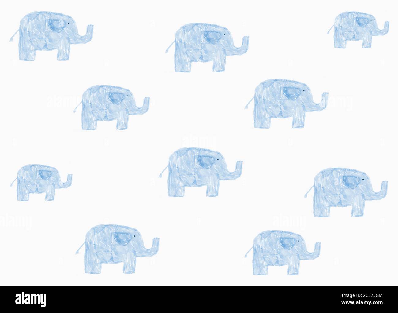 Enfants dessinant un motif éléphant bleu sur fond blanc Banque D'Images