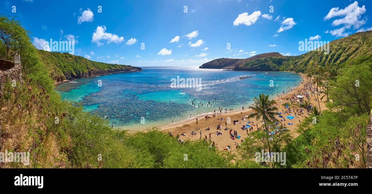 Paysage de plage à Hanauma Ba, île hawaïenne d'Oahu, Oahu, Hawaï, État d'Aloha, États-Unis Banque D'Images