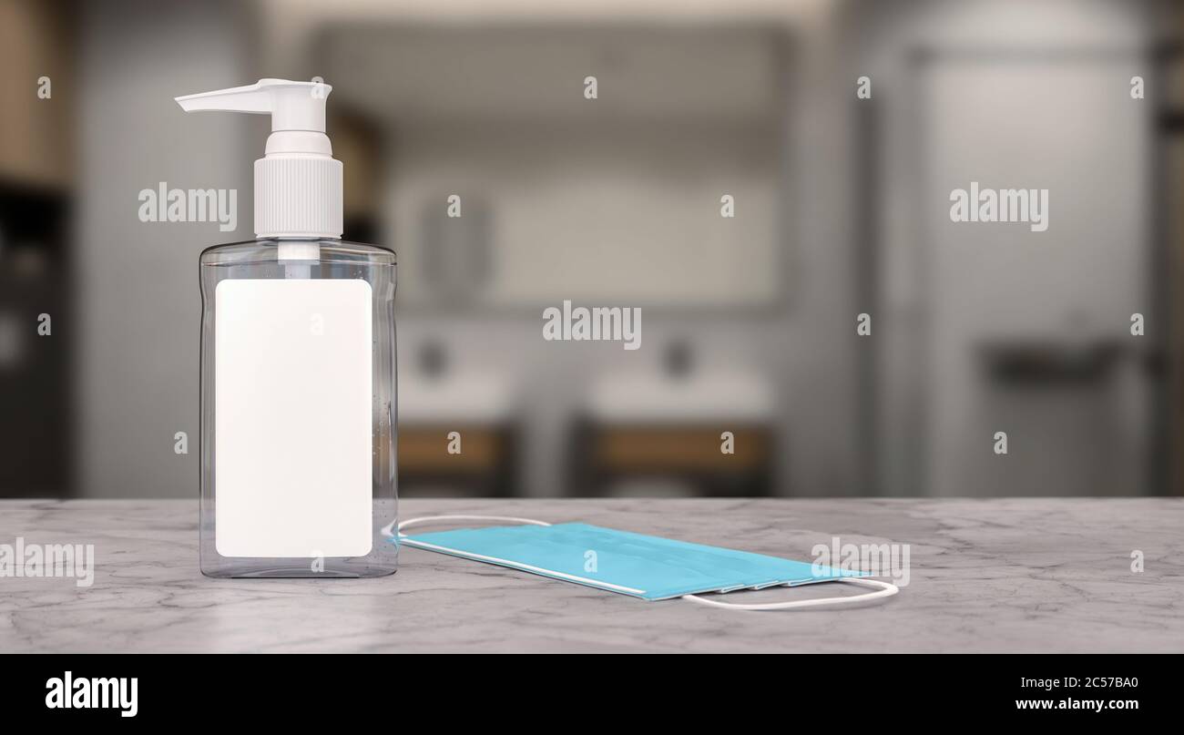 Gel désinfectant pour les mains dans un mini-flacon en plastique et un masque chirurgical. Protection contre le coronavirus . Covid-19. Rendu 3D. Banque D'Images