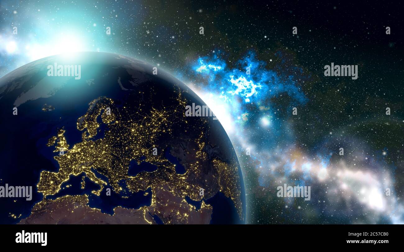 Terre avec lumières urbaines en haute résolution. Globe avec lumières Europe très détaillée. rendu 3d Banque D'Images