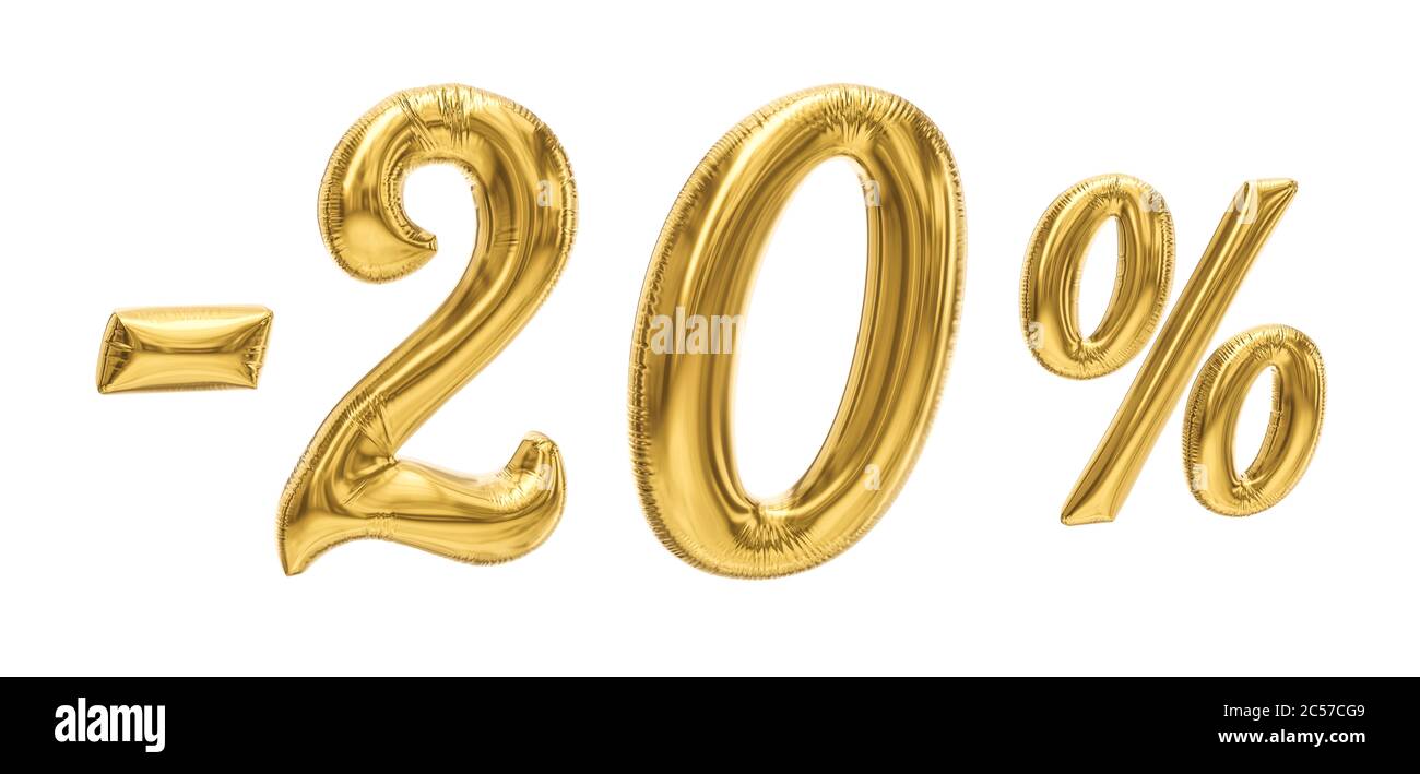 20% de réduction de la promotion de vente sur les ballons d'or numéro 3d rendu isolé sur fond blanc. Rendu 3D. Banque D'Images
