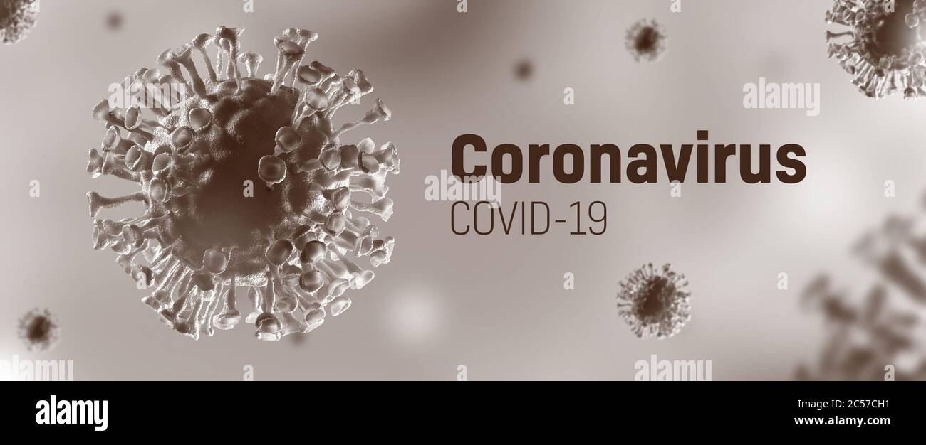 Pandémie de coronavirus. Virus Covid 19-NCP. Image panoramique. Microbiologie et virologie . Concept. Rendu 3D. Banque D'Images