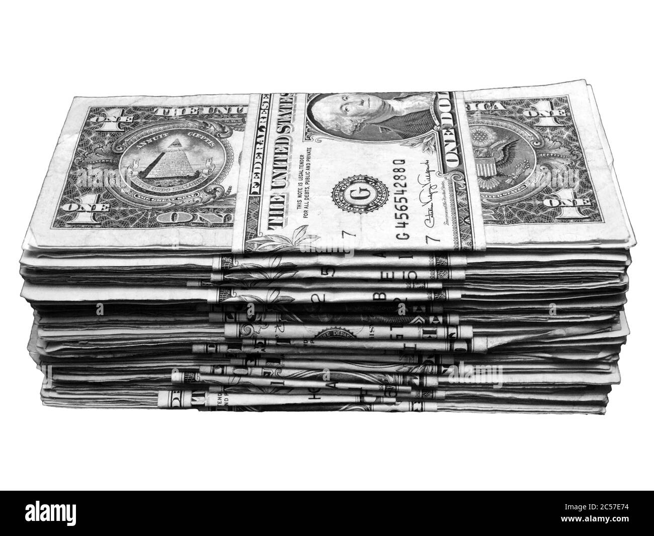 Billets de banque américains à un dollar coupés et isolés sur fond blanc, image monochrome noir et blanc Banque D'Images