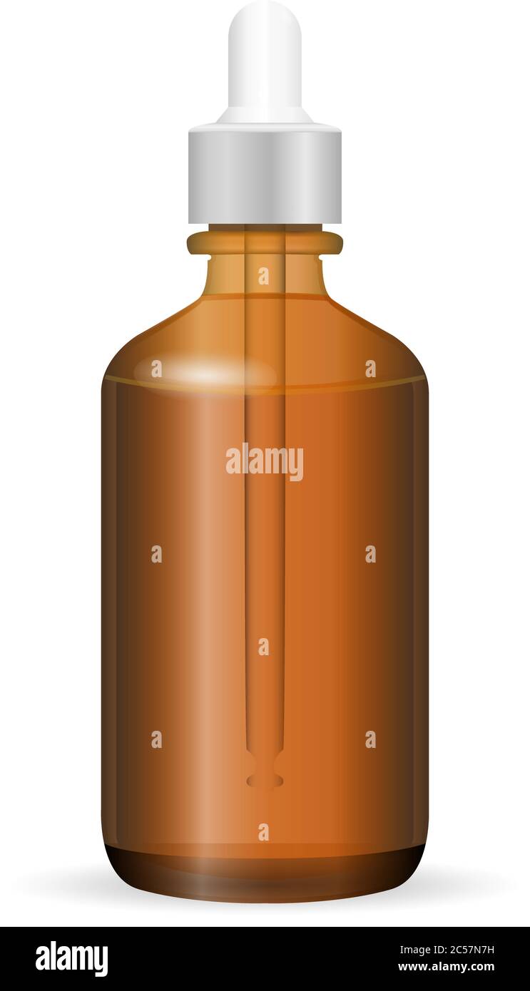 Bouteille cosmétique en verre brun avec compte-gouttes. Illustration vectorielle. Bol pour médicaments, liquides, huiles aromatiques. Emballage transparent réaliste. Illustration de Vecteur