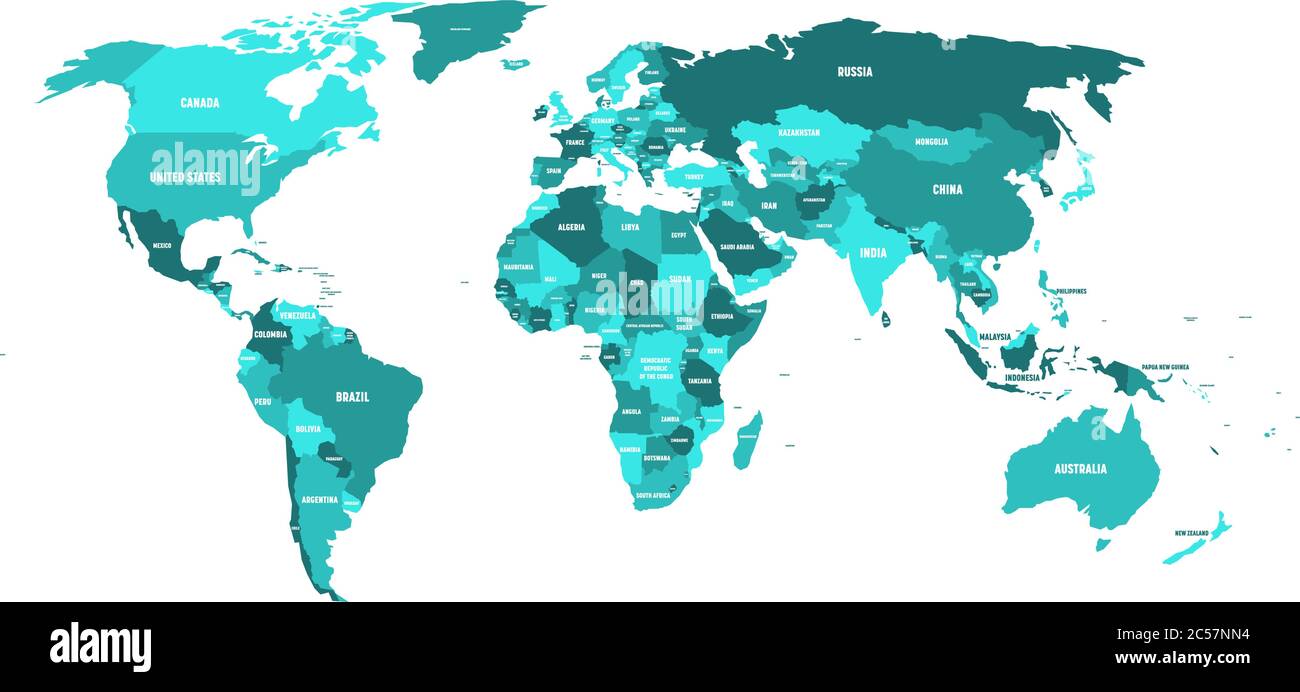 Carte politique du monde dans les tons de bleu turquoise avec des étiquettes blanches de nom de pays. Isolé sur fond blanc. Illustration vectorielle. Illustration de Vecteur