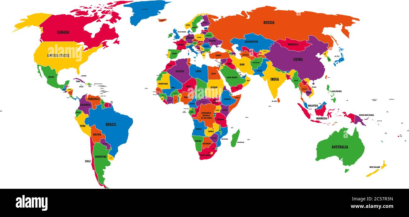 Carte vectorielle politique multicolore du monde avec frontières nationales et noms de pays sur fond blanc. Illustration de Vecteur