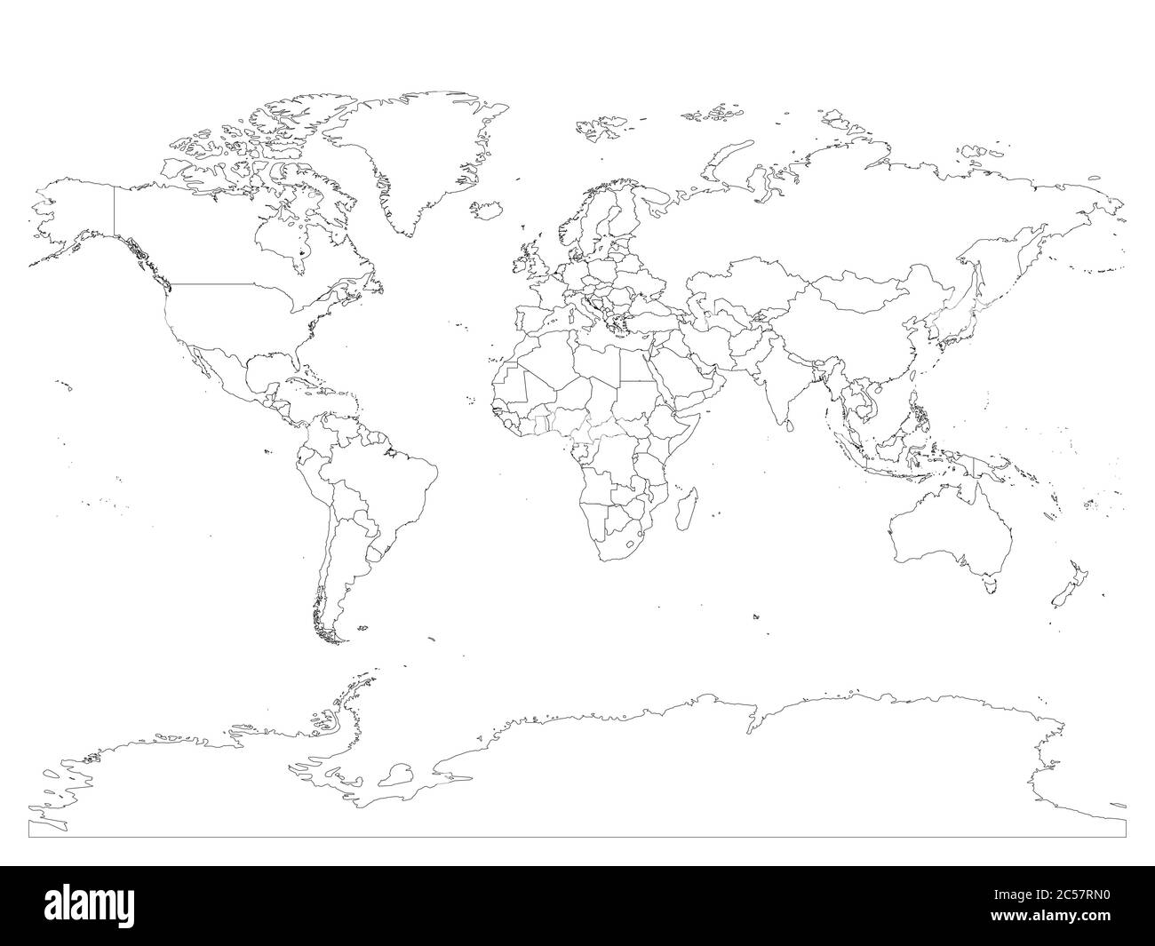 Carte du monde avec frontières nationales, contour noir fin sur fond blanc. Image filaire vectorielle simple à ligne de détail élevé. Illustration de Vecteur