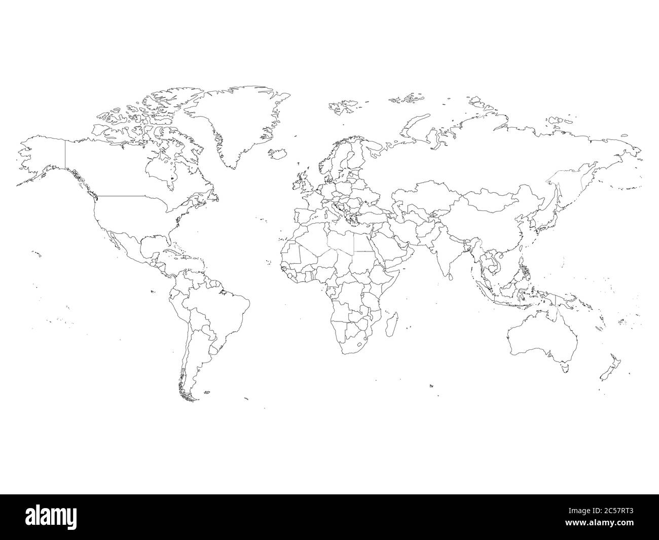 Carte du monde avec frontières nationales, contour noir fin sur fond blanc. Image filaire vectorielle simple à ligne de détail élevé. Illustration de Vecteur