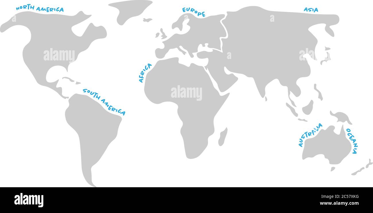 Carte du monde divisée en six continents en gris foncé - Amérique du Nord, Amérique du Sud, Afrique, Europe, Asie et Australie Océanie. Carte vectorielle de silhouette simplifiée avec libellés de noms de continent incurvés par des bordures. Illustration de Vecteur