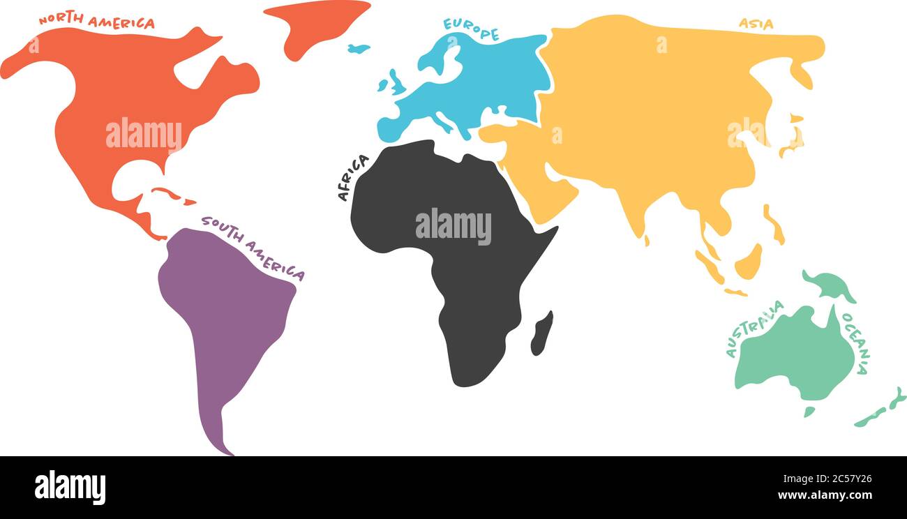 Carte Du Monde Multicolore Divisee En Six Continents Dans Differentes Couleurs Amerique Du Nord Amerique Du Sud Afrique Europe Asie Et Australie Oceanie Carte Vectorielle De Silhouette Simplifiee Avec Libelles De