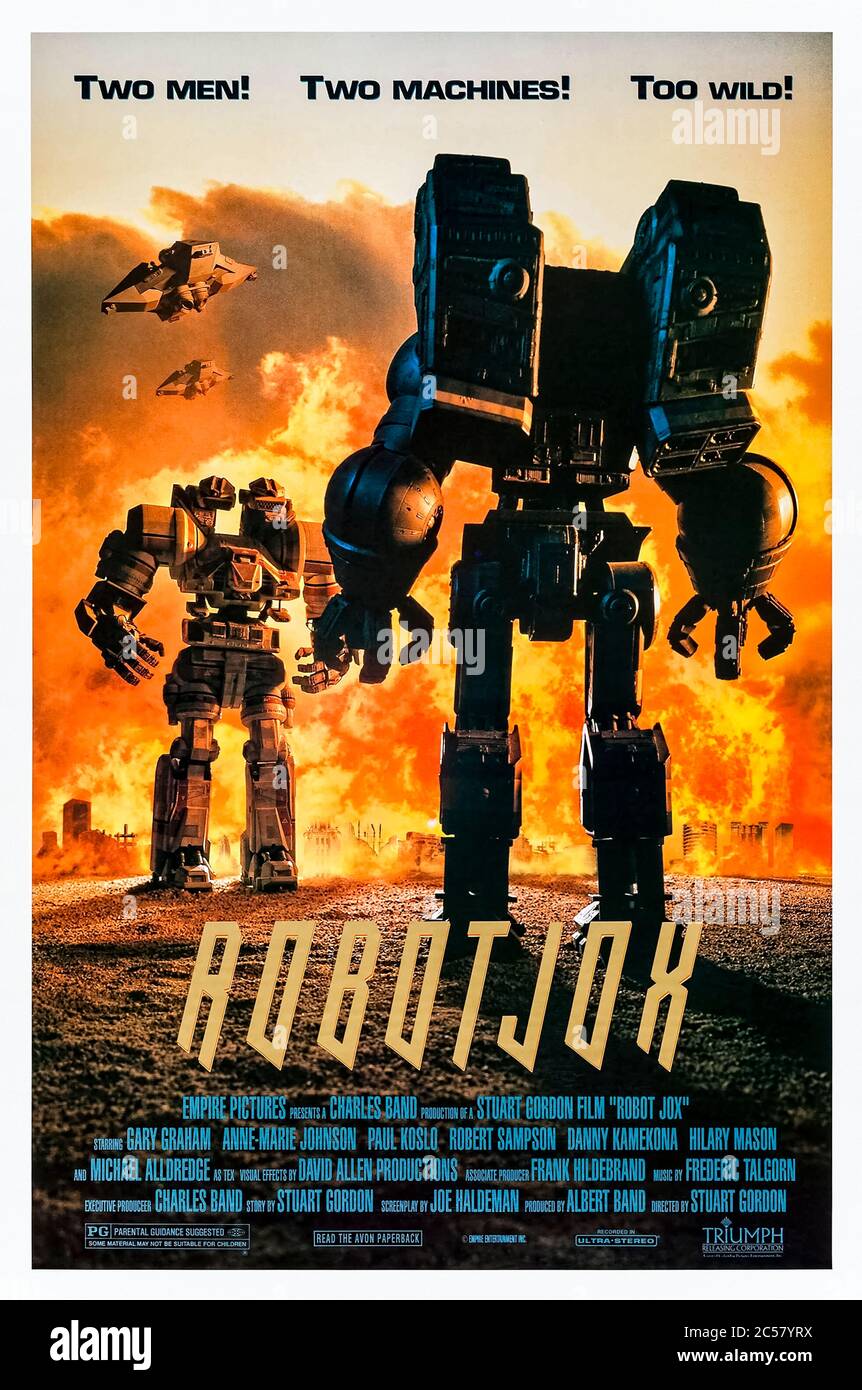 Robot JOX (1989) dirigé par Stuart Gordon et avec Gary Graham, Anne-Marie Johnson, Paul Koslo et Michael Alldredge. Après une guerre nucléaire dévastatrice, les conflits futurs sont déterminés dans un combat entre des robots géants pilotés par des jockeys ou jox de robot. Banque D'Images