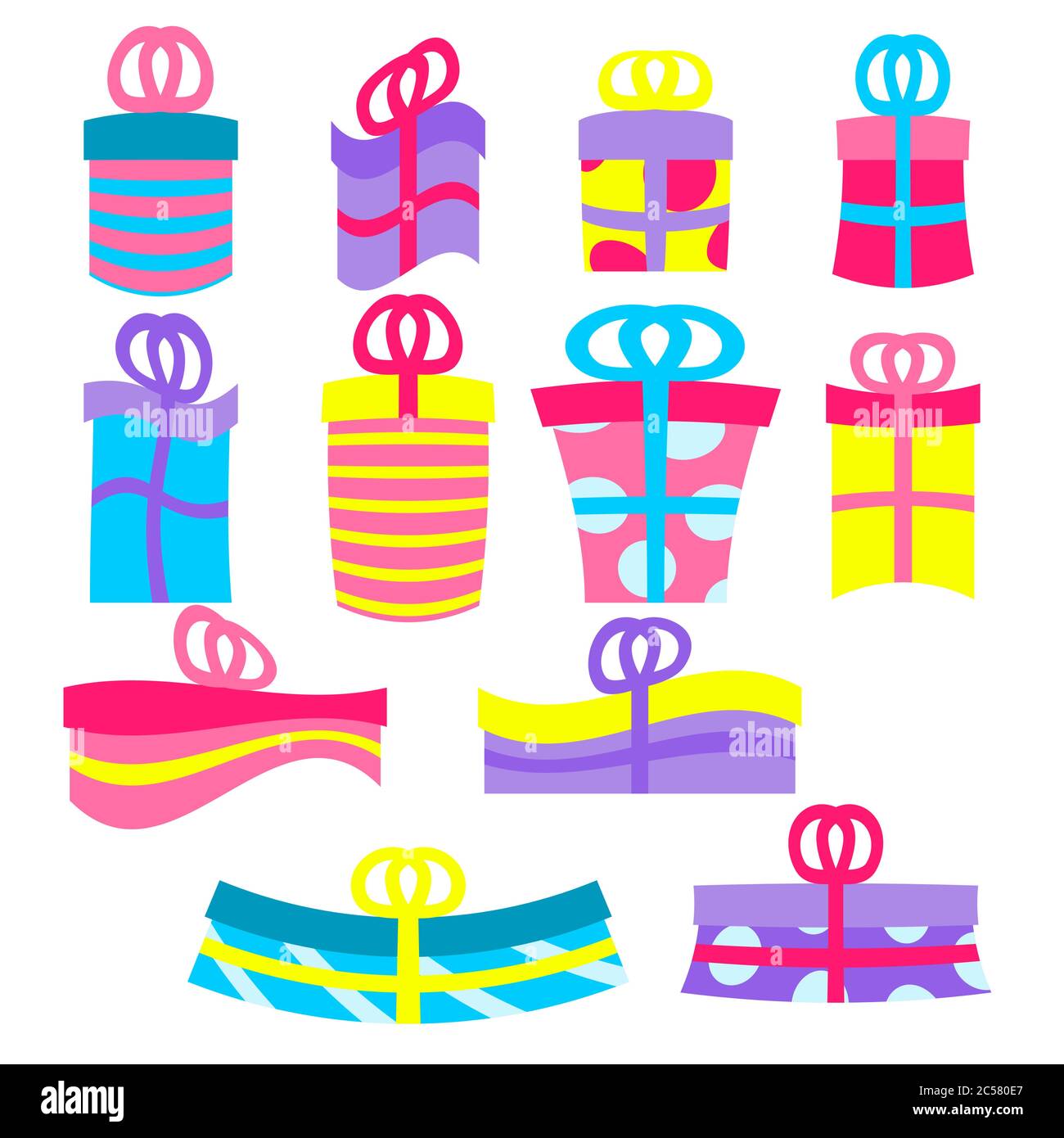 Boîtes cadeau ou cadeau isolées sur blanc. Icônes colorées et emballées dans la boîte cadeau. Vente ou achat. Collection pour les anniversaires, Noël et nouvel an Illustration de Vecteur