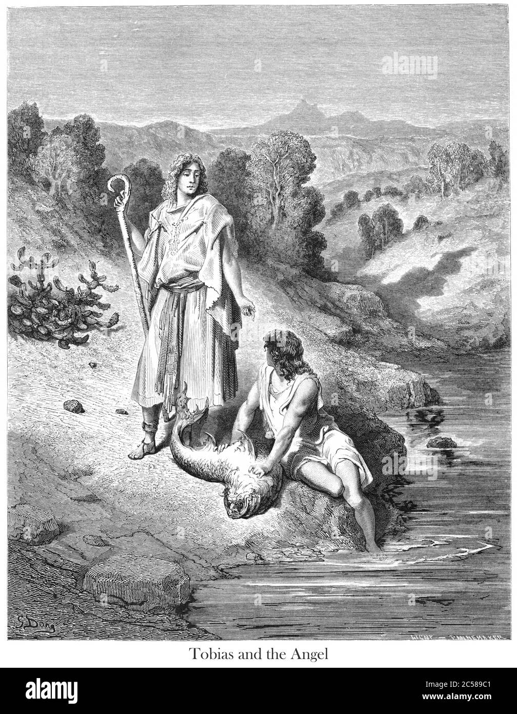 Tobias et l'Ange [Tobit 6:4] du livre 'Bible Gallery' illustré par Gustave Dore avec mémoire de Dor? Et descriptif Letter-press par Talbot W. Chambers D.D. Publié par Cassell & Company Limited à Londres et simultanément par Mame à Tours, France en 1866. Tobias et l'Ange le Livre de Tobit est un livre de scripture qui fait partie des canons bibliques catholiques et orthodoxes. Il a été reconnu comme canonique par le Conseil de Hippo (en 393), les conseils de Carthage de 397 et 417, et le Conseil de Florence (en 1442), et confirmé dans la contre-réforme par le Conseil de Trent Banque D'Images