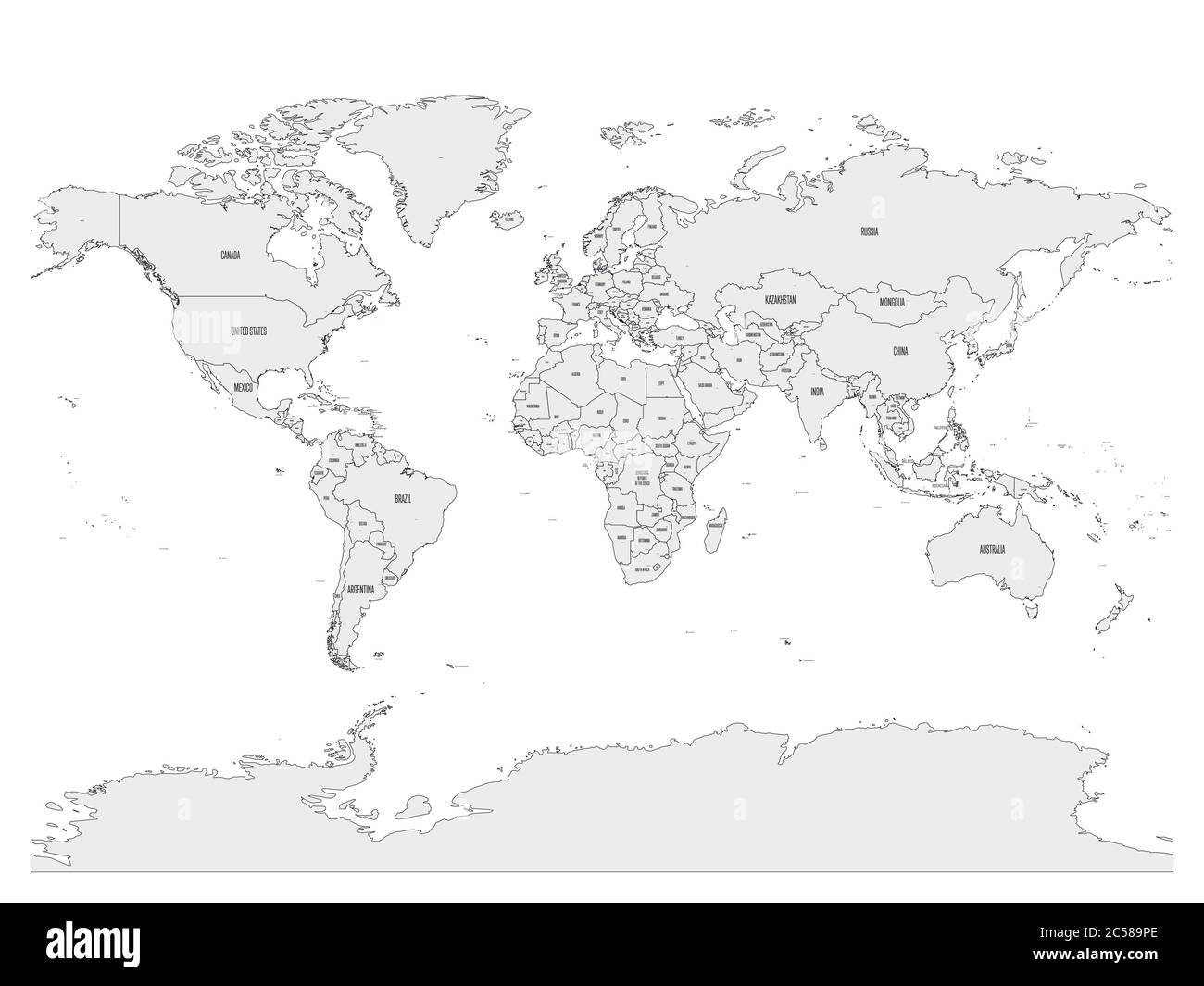 Carte politique du monde avec les noms de pays et les capitales. Carte vectorielle grise. Illustration de Vecteur