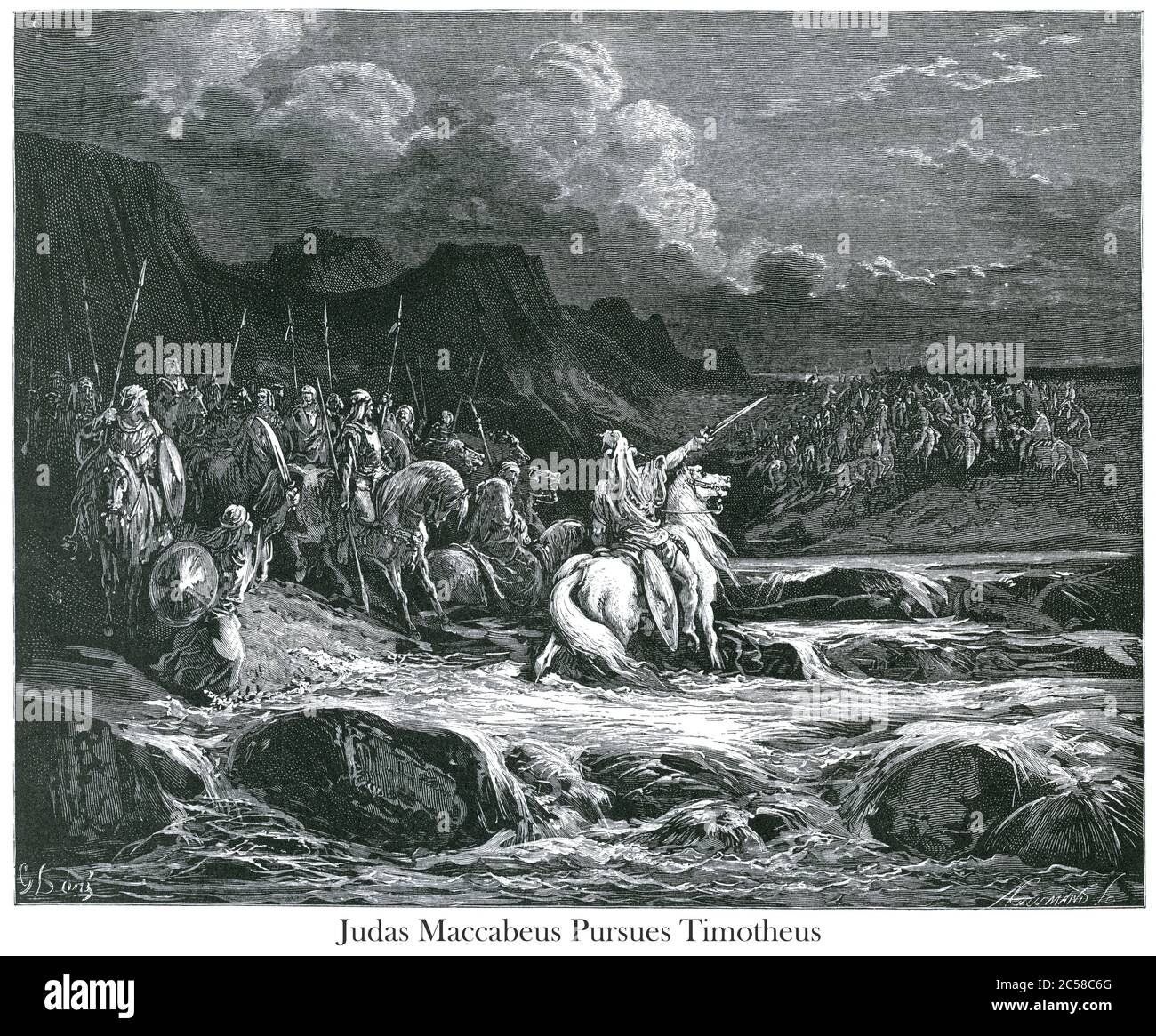 Judas Maccabeus poursuit Timothée [I Maccabees 5:42] du livre 'Bible Gallery' illustré par Gustave Dore avec mémoire de Dore et lettre-presse descriptive par Talbot W. Chambers D.D. Publié par Cassell & Company Limited à Londres et simultanément par Mame à Tours, France en 1866 Banque D'Images