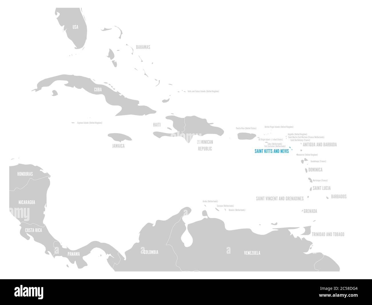 Saint-Kitts-et-Nevis est marqué en bleu sur la carte des Caraïbes. Illustration vectorielle. Illustration de Vecteur