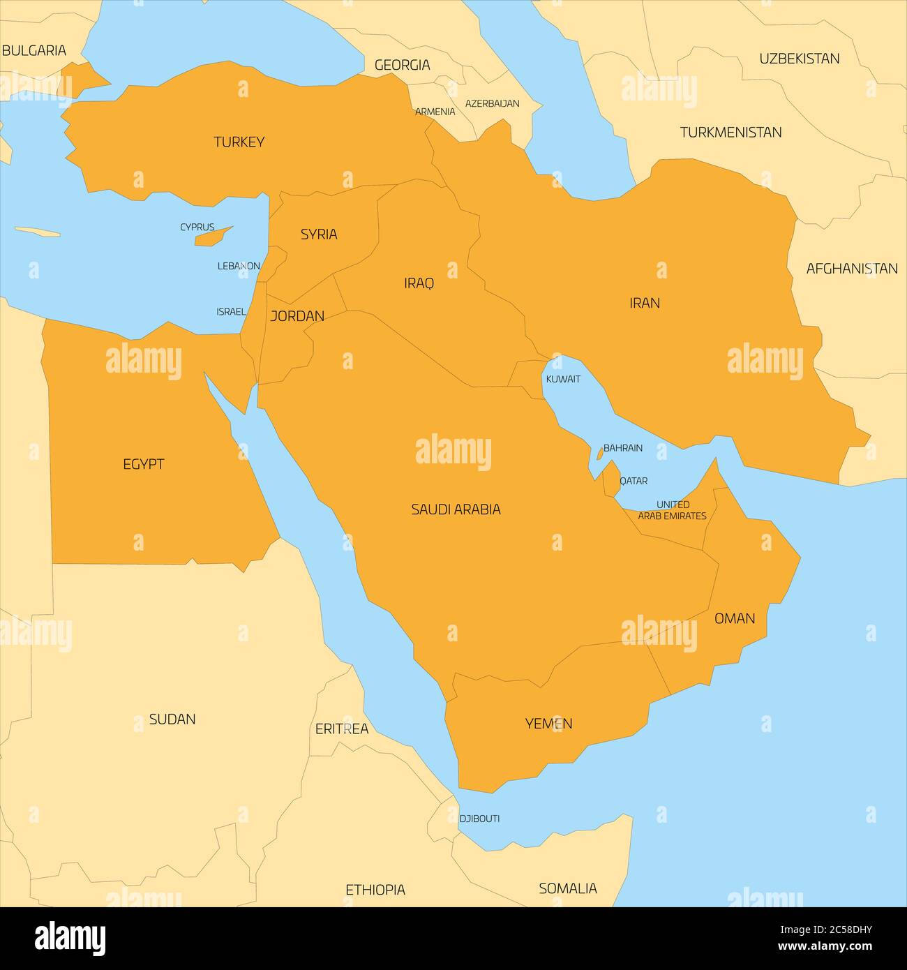 Carte de la région transcontinentale du Moyen-Orient ou du proche-Orient avec les pays d'Asie occidentale surlignés en orange, la Turquie, Chypre et l'Égypte. Carte plate avec terre jaune, fines bordures noires et mer bleue. Illustration de Vecteur