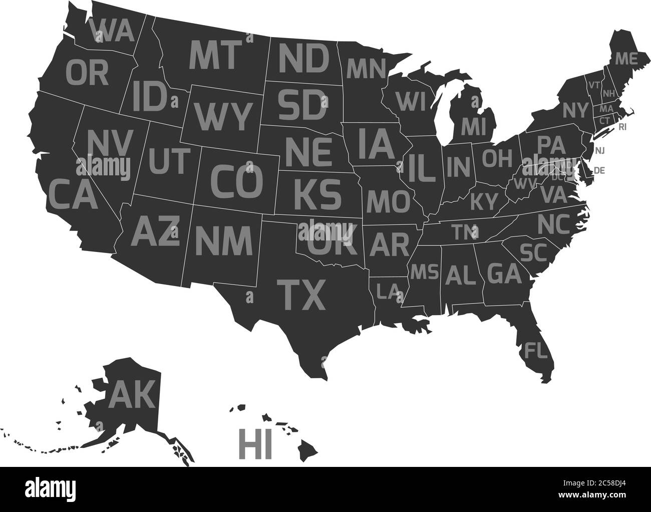 Carte des États-Unis d'Amérique, alias USA, avec codes postaux d'abréviation des États-Unis. Carte vectorielle plate simplifiée en gris foncé avec étiquettes gris clair sur fond blanc. Illustration de Vecteur