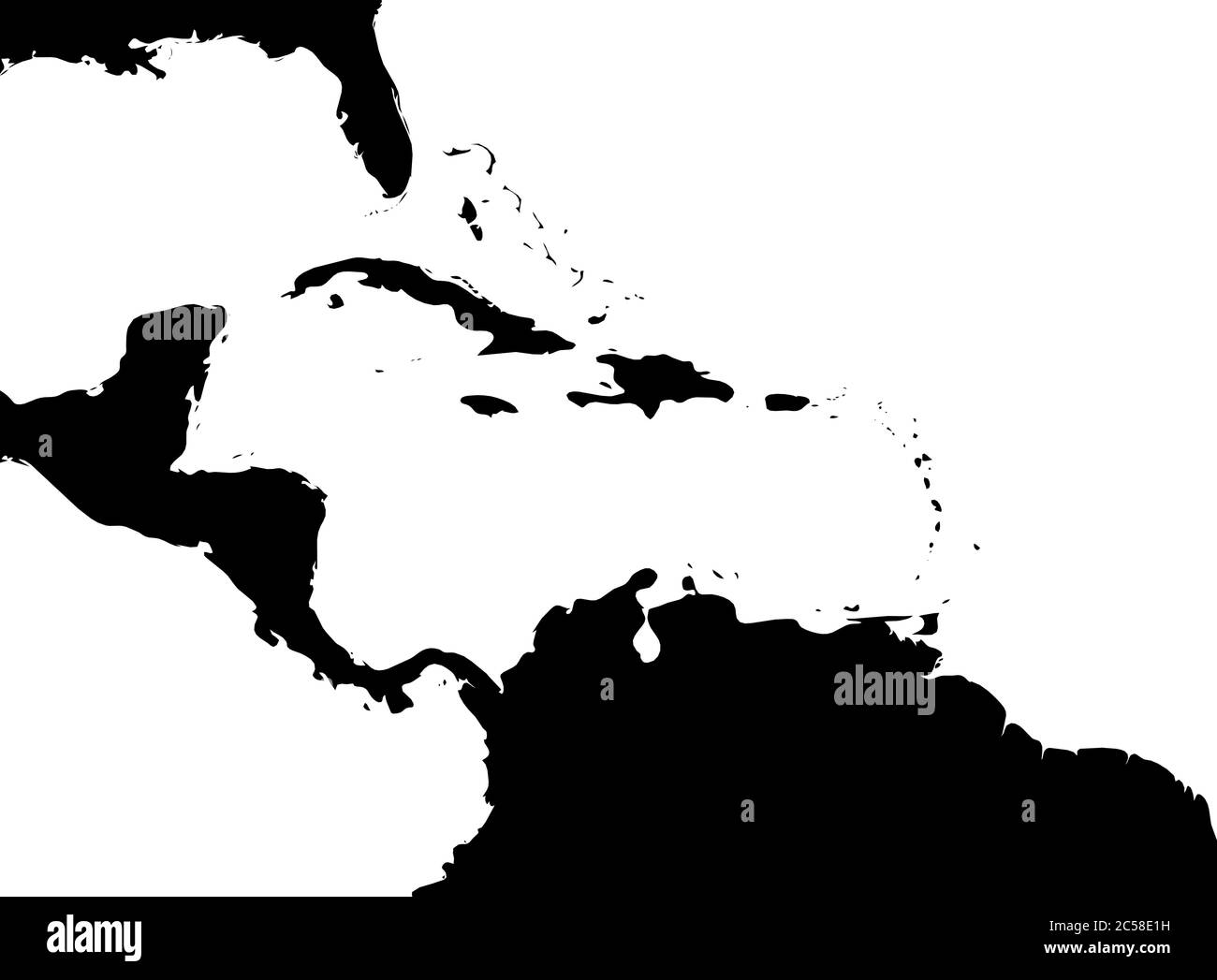 Carte de la région des Caraïbes et de l'Amérique centrale. Silhouette de terre noire et eau blanche. Illustration simple à vecteur plat. Illustration de Vecteur