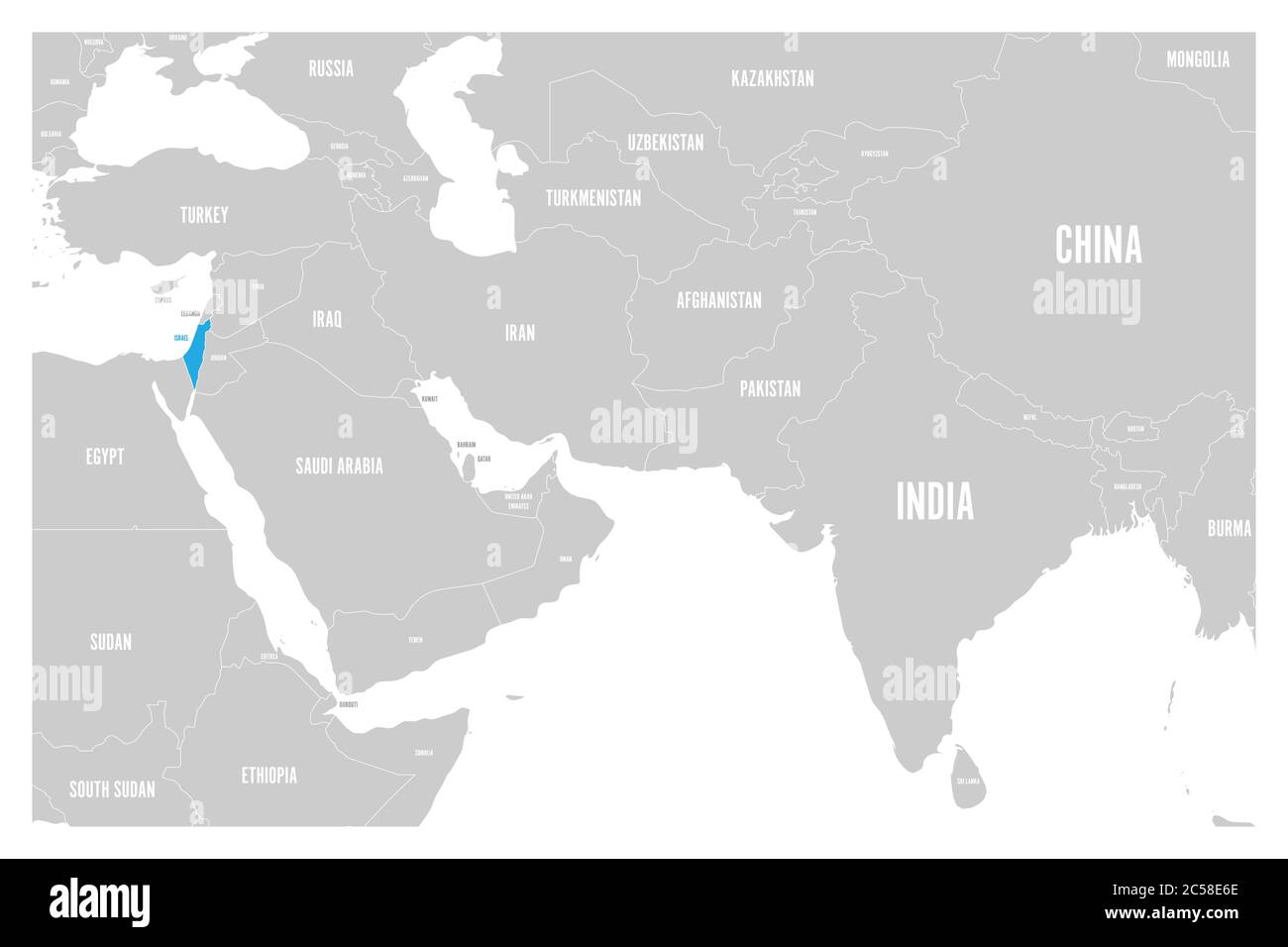 Israël est marqué en bleu sur la carte politique de l'Asie du Sud et du Moyen-Orient. Carte vectorielle plate simple. Illustration de Vecteur