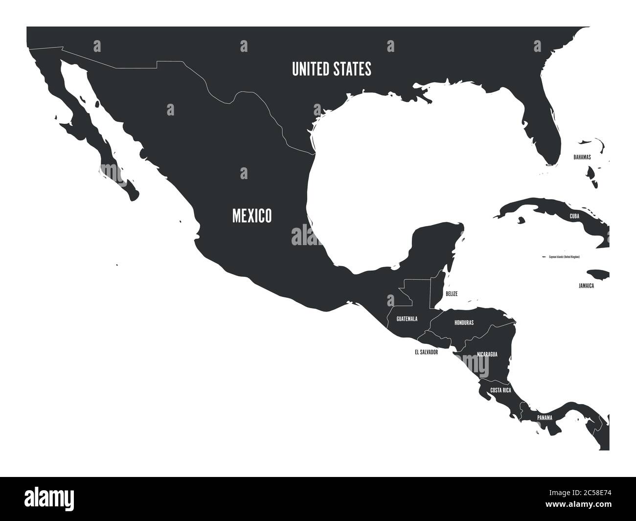 Carte politique de l'Amérique centrale et du Mexique en gris foncé. Illustration simple à vecteur plat. Illustration de Vecteur
