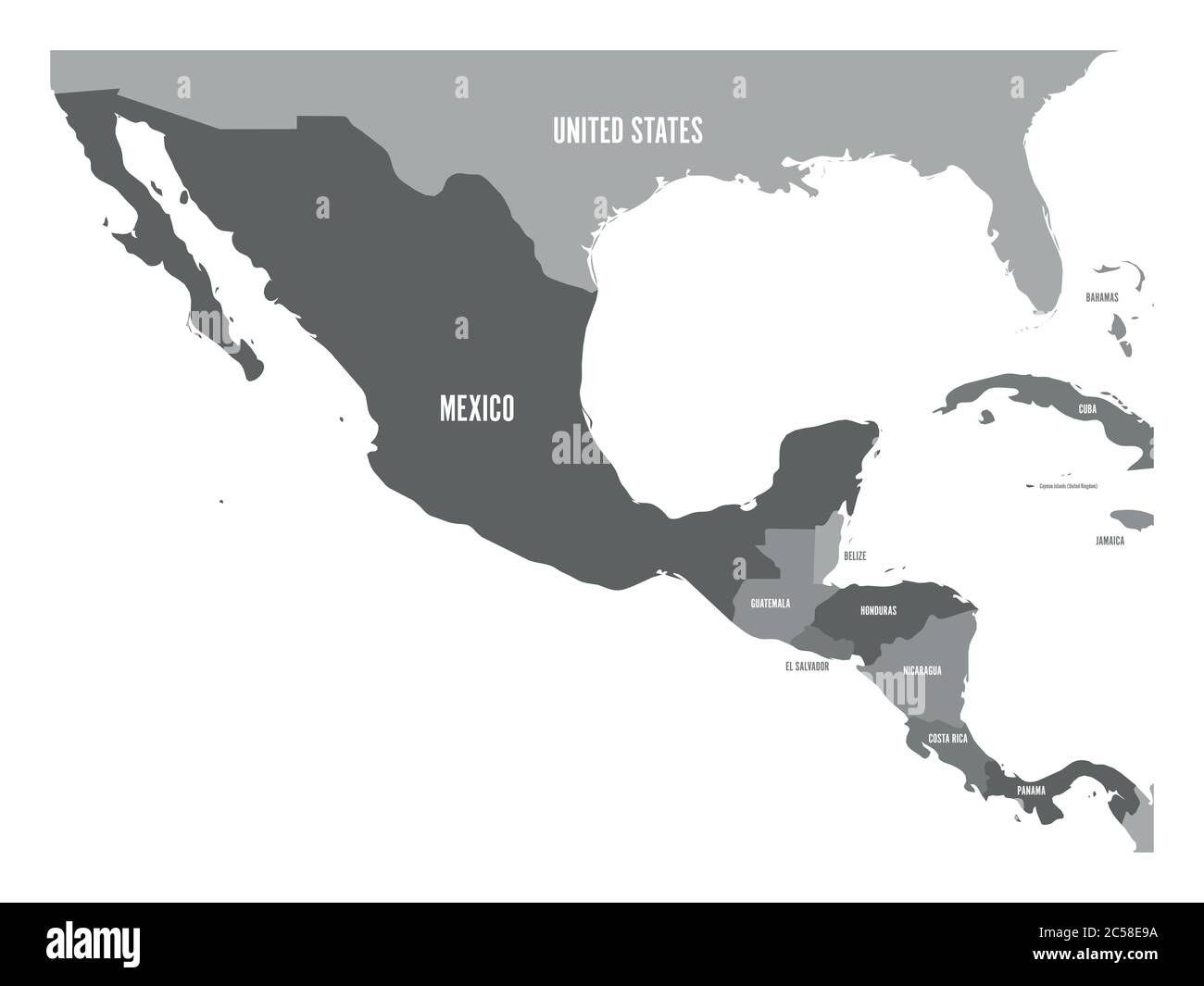 Carte politique de l'Amérique centrale et du Mexique en quatre nuances de gris. Illustration simple à vecteur plat. Illustration de Vecteur