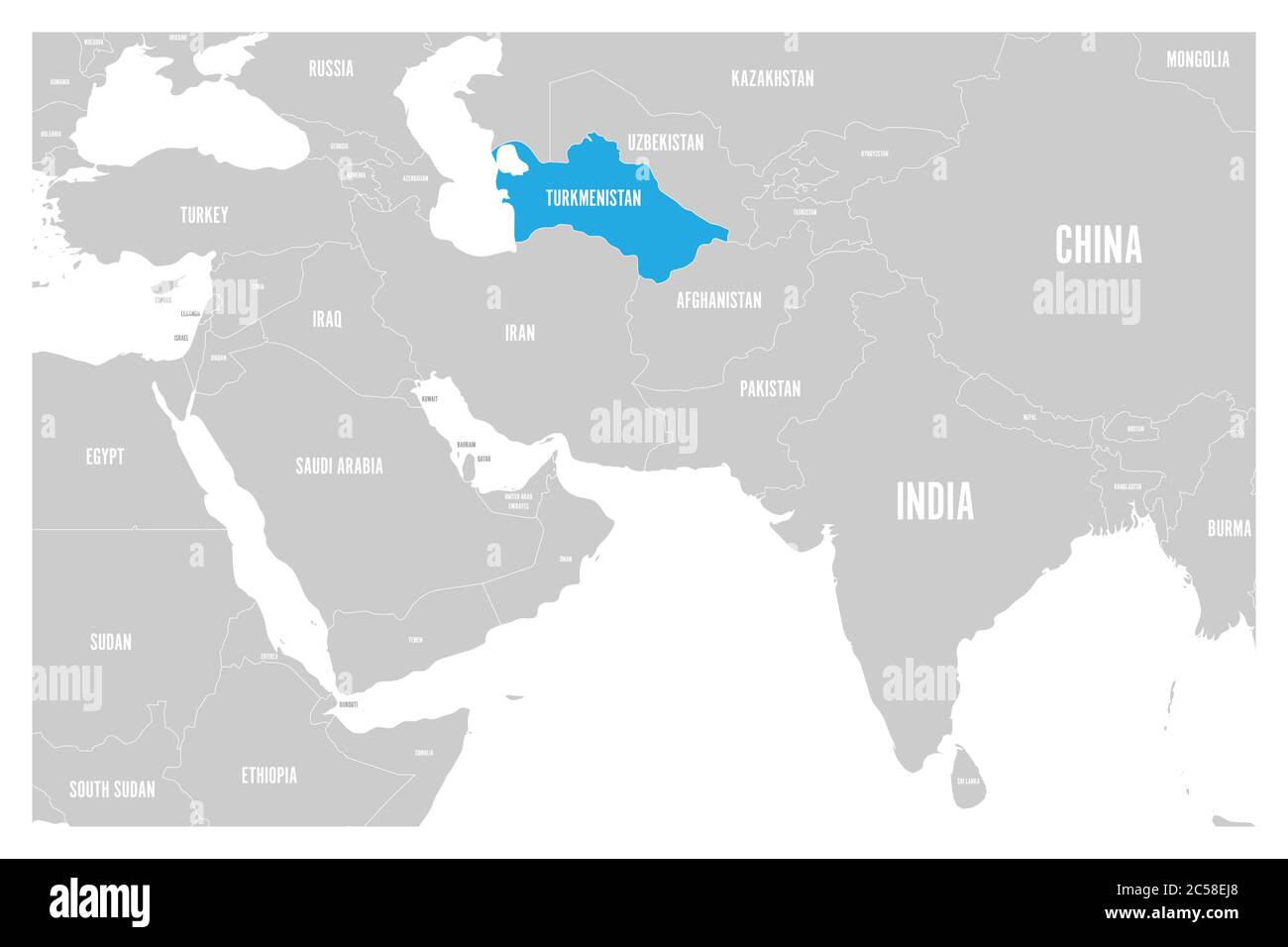 Bleu du Turkménistan marqué sur la carte politique de l'Asie du Sud et du Moyen-Orient. Carte vectorielle plate simple. Illustration de Vecteur