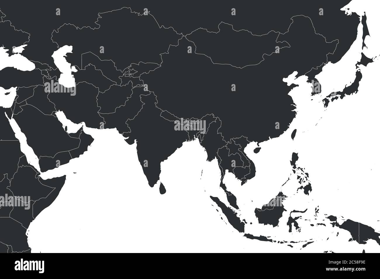Carte politique vierge de l'Asie occidentale, méridionale et orientale en gris. Illustration simple à vecteur plat. Illustration de Vecteur