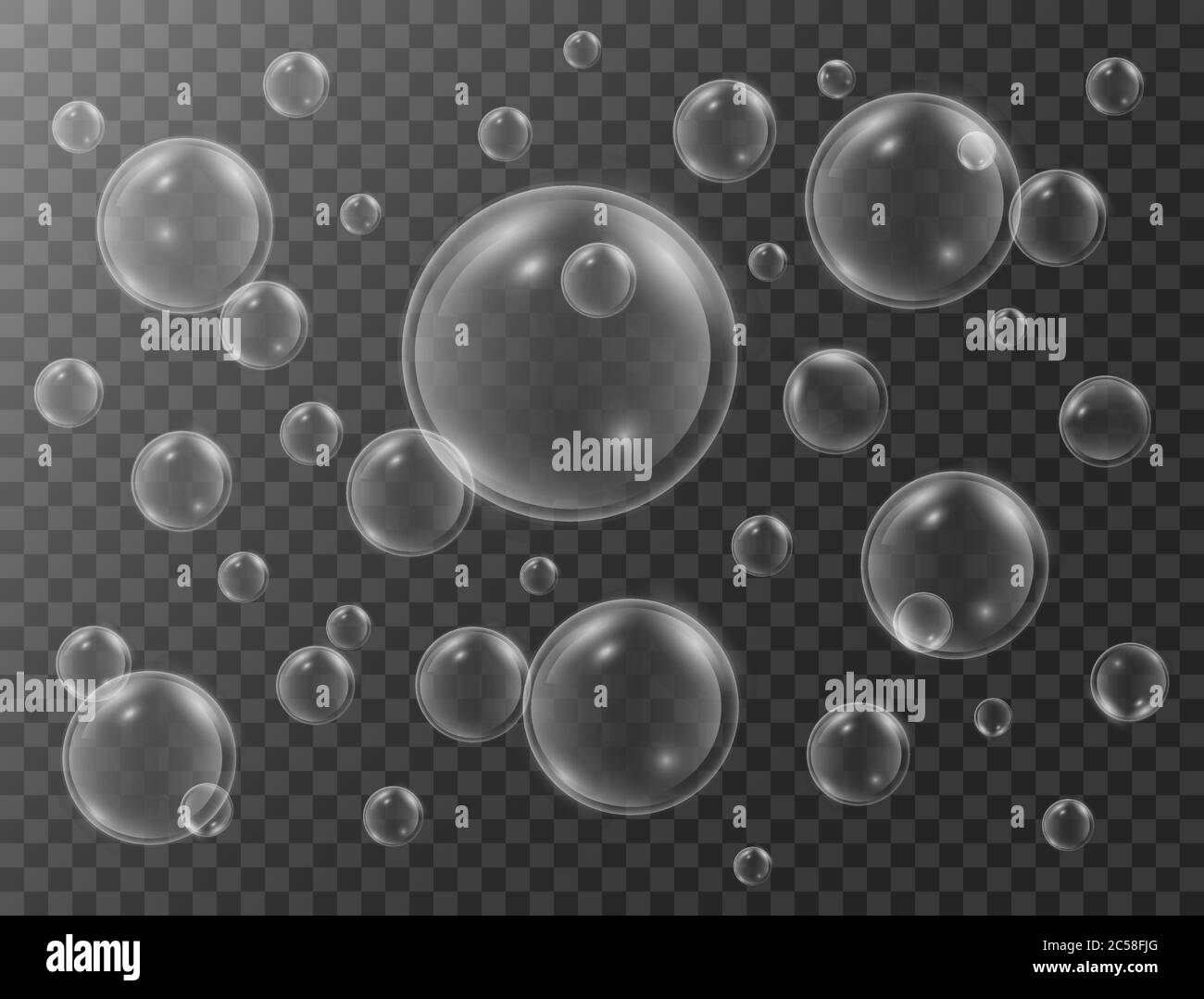 Bulles d'eau réalistes avec réflexion sur fond transparent. Bulles sous l'eau. Air de fendifuse dans l'eau, la mer, l'aquarium, l'océan, le verre. Vecteur Illustration de Vecteur
