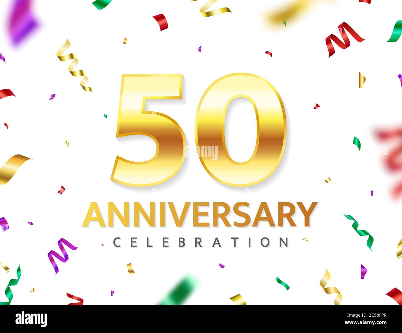 Célébration du 50e anniversaire. Numéros dorés avec confetti de couleur. Guirlande colorée et serpentin. célébration du jubilé de 50 ans. Fond de fête.vecteur Illustration de Vecteur