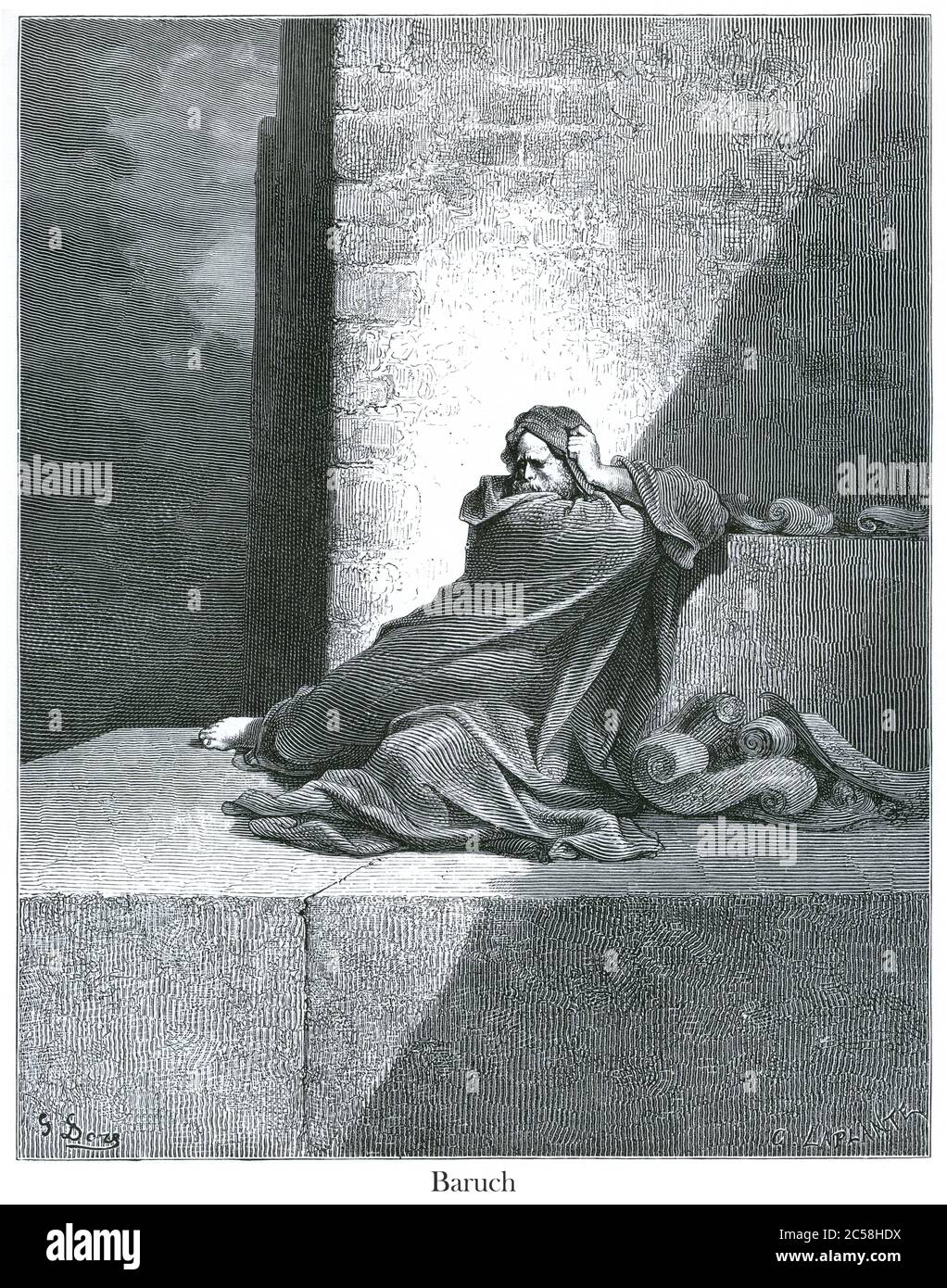 Baruch [Baruch 3:14] du livre 'Bible Gallery' illustré par Gustave Dore avec mémoire de Dore et lettre-presse descriptive par Talbot W. Chambers D.D. Publié par Cassell & Company Limited à Londres et simultanément par Mame à Tours, France en 1866. Le Livre de Baruch est un livre deutérocanonique de la Bible dans certaines traditions chrétiennes. Dans le judaïsme et dans la plupart des formes de christianisme protestant, il est considéré comme ne faisant pas partie de la Bible. Il est nommé d'après Baruch ben Neriah, le scribe bien connu de Jérémie, qui est mentionné à Baruch 1:1, et a été pr Banque D'Images