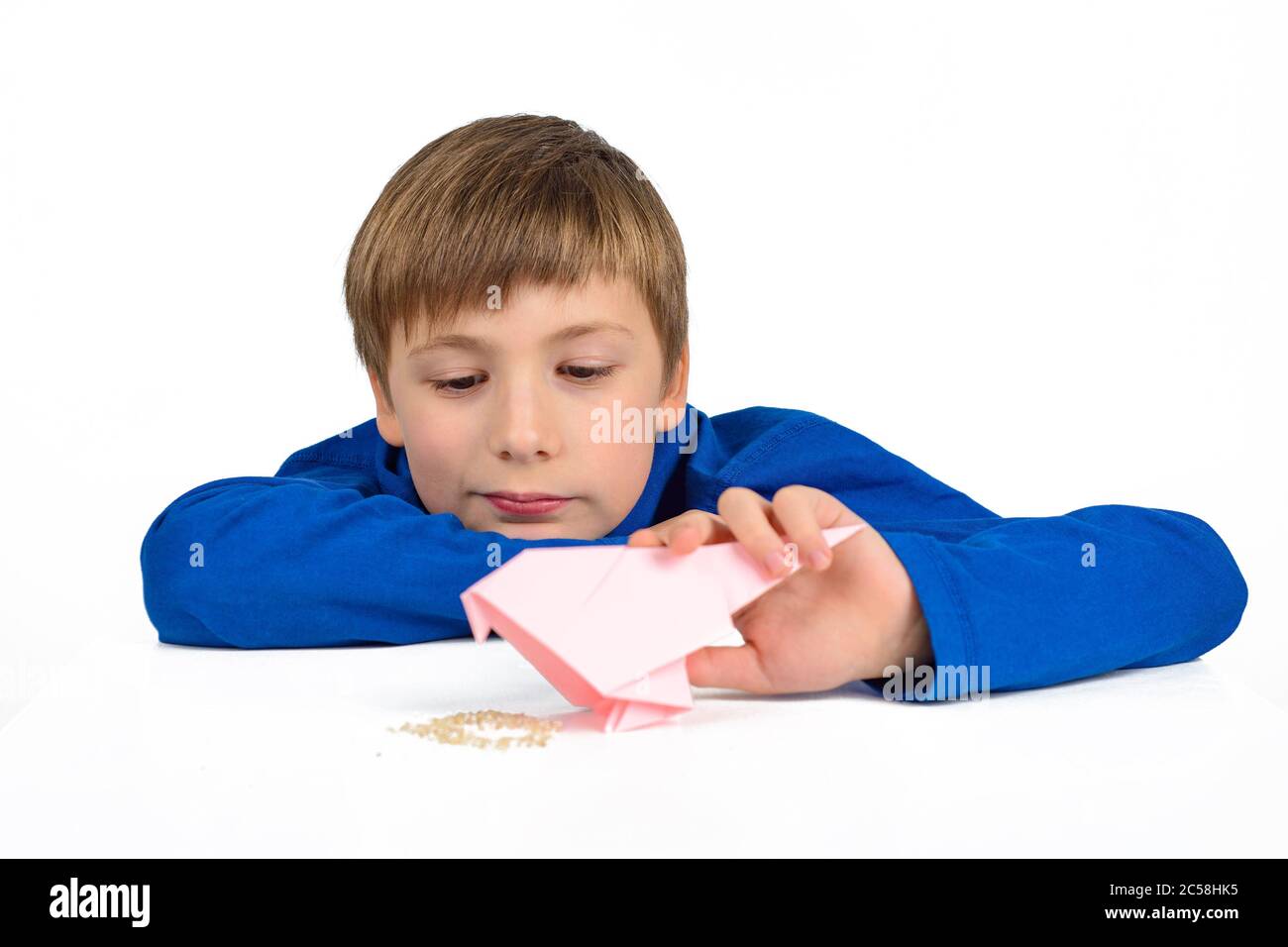 Origami: Un garçon d'école dans un T-shirt bleu assis à la table et joue avec un oiseau en papier, veut nourrir elle Banque D'Images