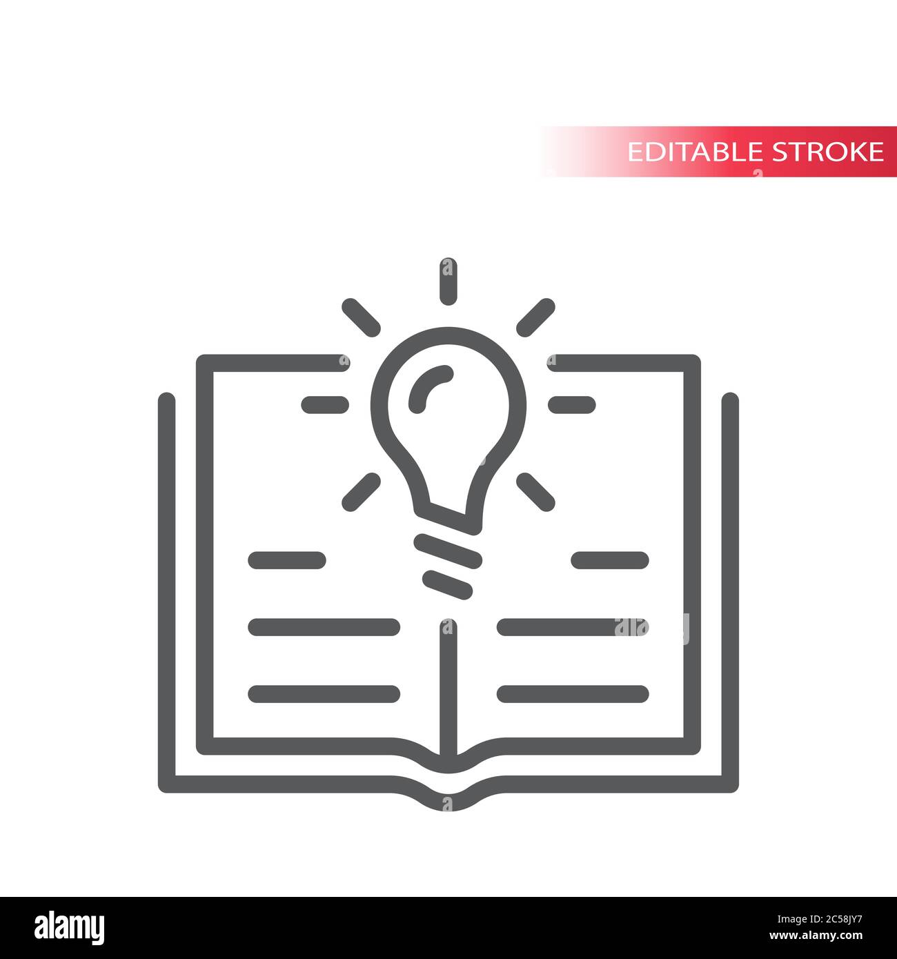 Ampoule et icône de vecteur de livre ouvert ou de manuel. Ampoule, connaissances, icône de contour de concept d'éducation, contour modifiable. Illustration de Vecteur