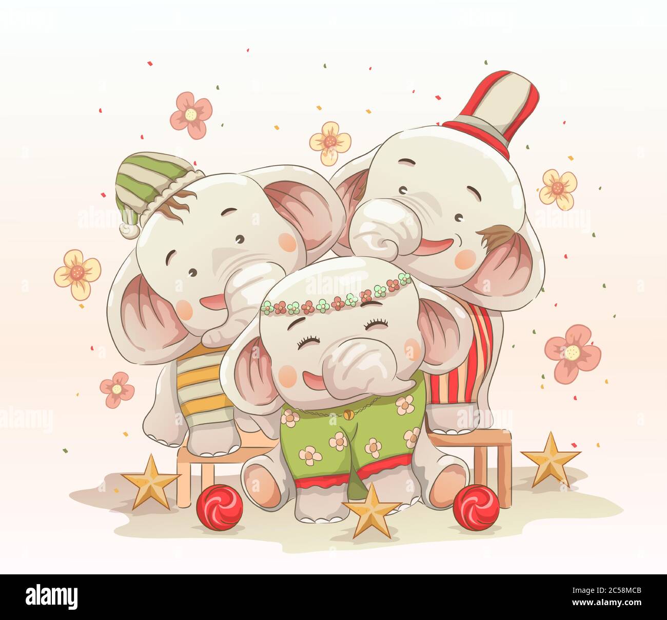 une famille d'éléphants mignonne fêtera noël ensemble. style dessin animé vectoriel à la main Illustration de Vecteur