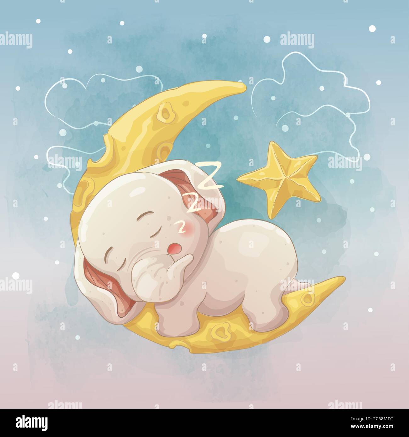 bébé éléphant dormant sur la lune. dessin main dessin animé art vectoriel Illustration de Vecteur