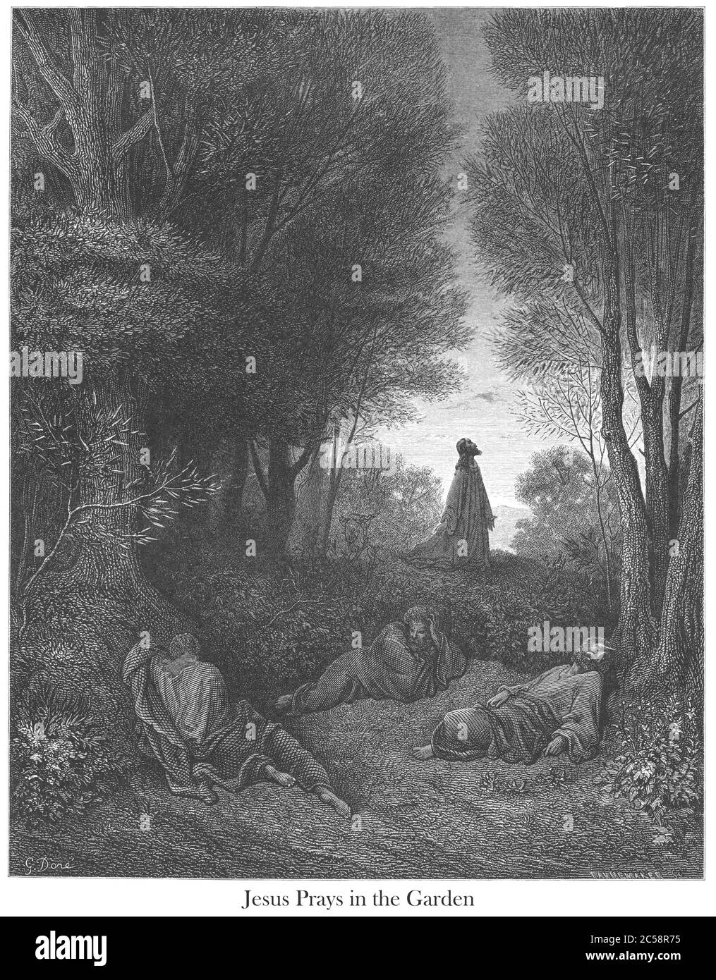 Jésus priant dans le jardin [Matthieu 26:40-41] du livre 'Galerie biblique' illustré par Gustave Dore avec mémoire de Dore et lettre-presse descriptive par Talbot W. Chambers D.D. Publié par Cassell & Company Limited à Londres et simultanément par Mame à Tours, France en 1866 Banque D'Images