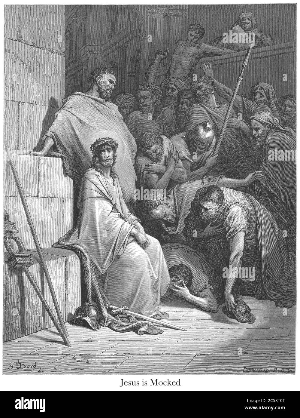 Christ est mocké [Matthieu 27:29-30] du livre 'Galerie biblique' illustré par Gustave Dore avec mémoire de Dore et lettre-presse descriptive par Talbot W. Chambers D.D. Publié par Cassell & Company Limited à Londres et simultanément par Mame à Tours, France en 1866 Banque D'Images