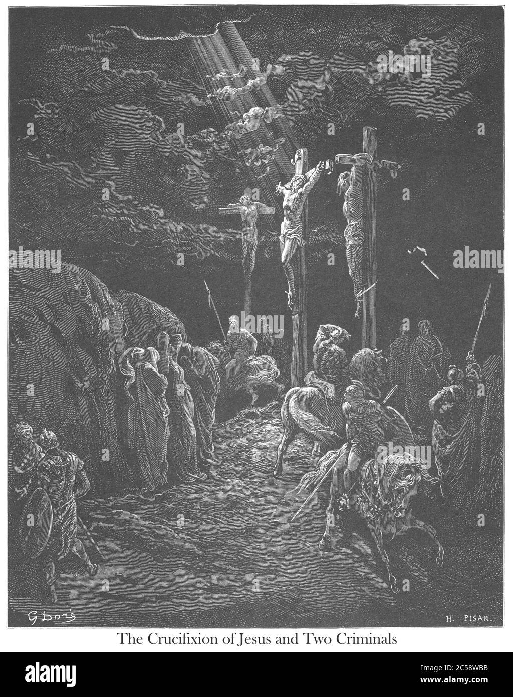 La crucifixion de Jésus et de deux criminels [Luc 23:34-35] du livre 'Galerie biblique' illustré par Gustave Dore avec mémoire de Dore et lettre-presse descriptive par Talbot W. Chambers D.D. Publié par Cassell & Company Limited à Londres et simultanément par Mame à Tours, France en 1866 Banque D'Images