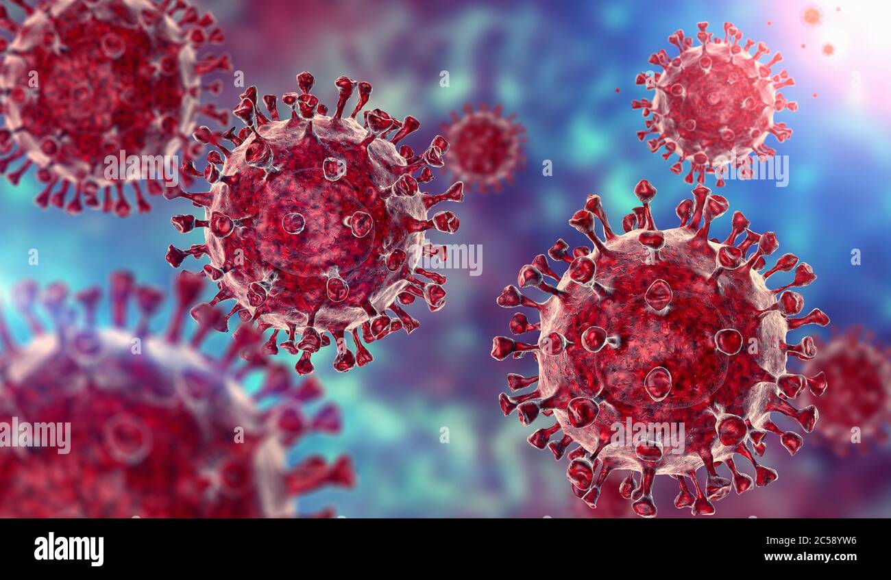 Coronavirus COVID-19 microscopique virus corona virus maladie 3d illustration. Rendu 3D du virus sur fond bleu et rouge. Banque D'Images