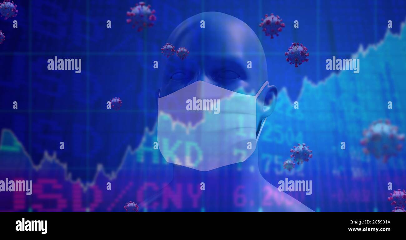 Cellules Covid-19 et traitement des données boursières par rapport au modèle 3D de tête humaine portant un masque facial Banque D'Images
