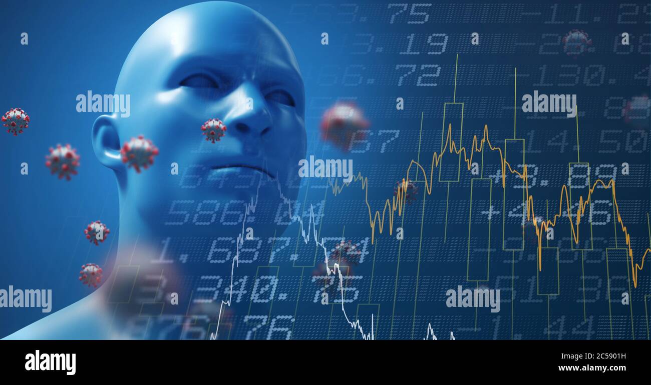 Cellules Covid-19 et traitement des données boursières par rapport au modèle 3D de tête humaine portant un masque facial Banque D'Images